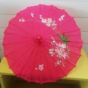 32" Pink Floral Pattern Bamboo Wood Nylon Parasol Umbrella Japanese Inspired